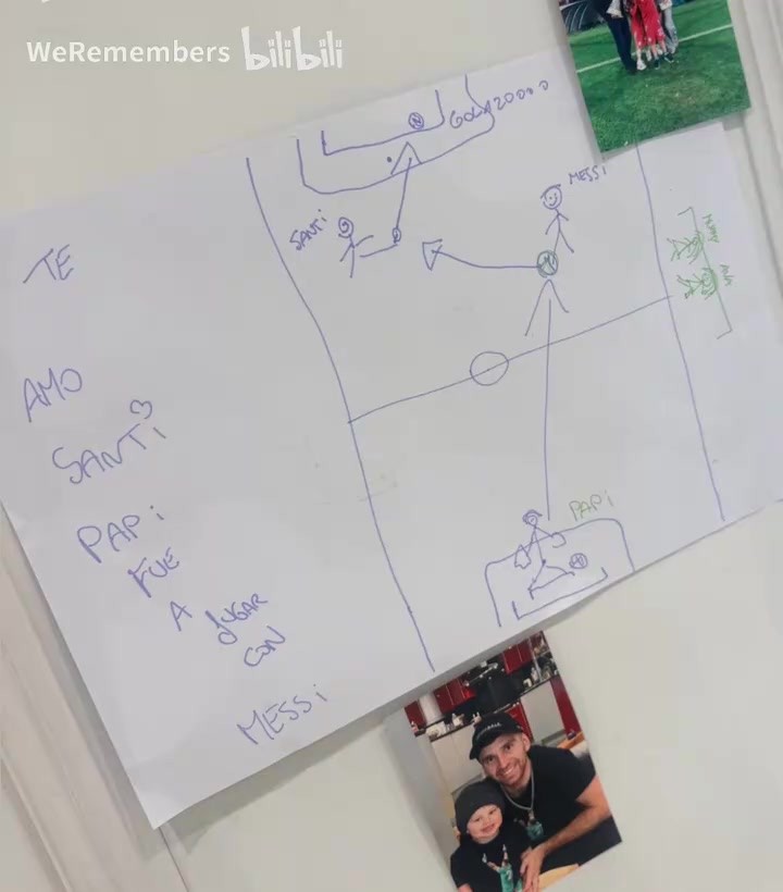 大马丁给儿子画画留言：爸爸和梅西去踢球了！